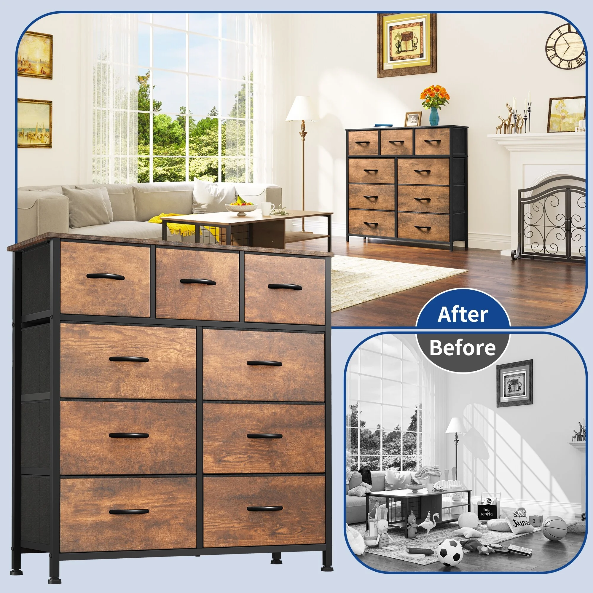Warranty Company Moasis Rustic Wood-grain Badroom Dresser with Metal Frame, Wooden Top 9-drawer