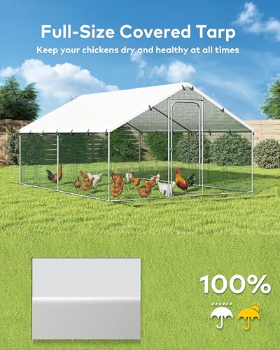 Large Metal Chicken Coop Run with Spire Roof – Outdoor Poultry Cage with Waterproof & UV-Resistant Cover for Chickens, Ducks, Rabbits, and Hens in Yard or Farm Use(8.9’ W x 11.8’ L x 6.6’ H)
