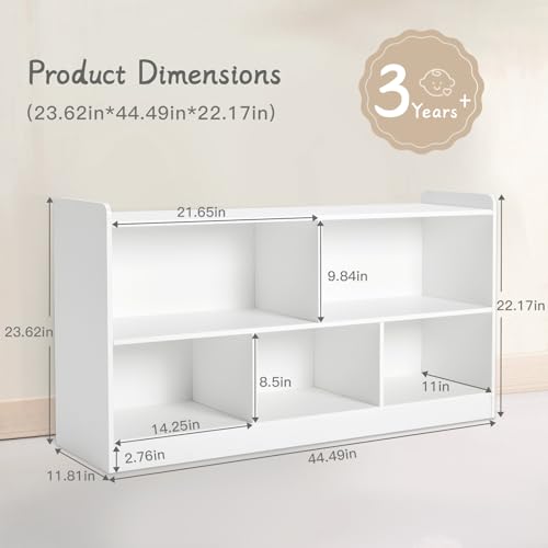 Montessori Shelf, Wooden Toy Storage Organizer for Books Toys, 2 Shelf Bookcase, 5-Section Storage Cabinet, Toddler Book Shelf for Kids Rooms, Playroom, Nursery, Kindergarten (Natural)