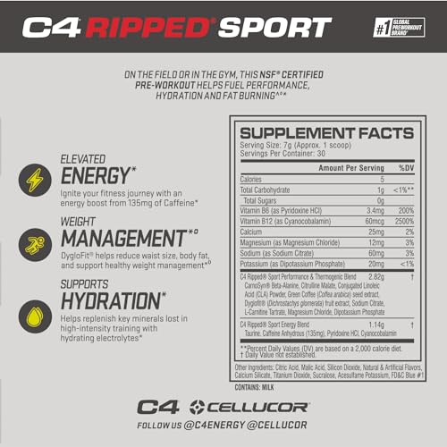 Cellucor C4 Ripped Sport Pre Workout Powder Fat Burner - NSF Certified for Sport + Sugar Free Preworkout Energy Supplement for Men & Women - 135mg Caffeine + Weight Loss - Fruit Punch, 30 Servings