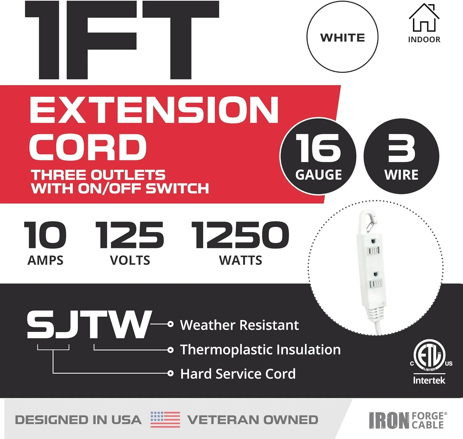 Iron Forge Inline Extension Cord with On/Off Switch 1 FT 3 Outlets with Hook for Easy Hanging, 16/3 SJTW Multiple Outlets Power Switch, White Household Outlet Electrical Switch with 3 Prong, 10 AMP