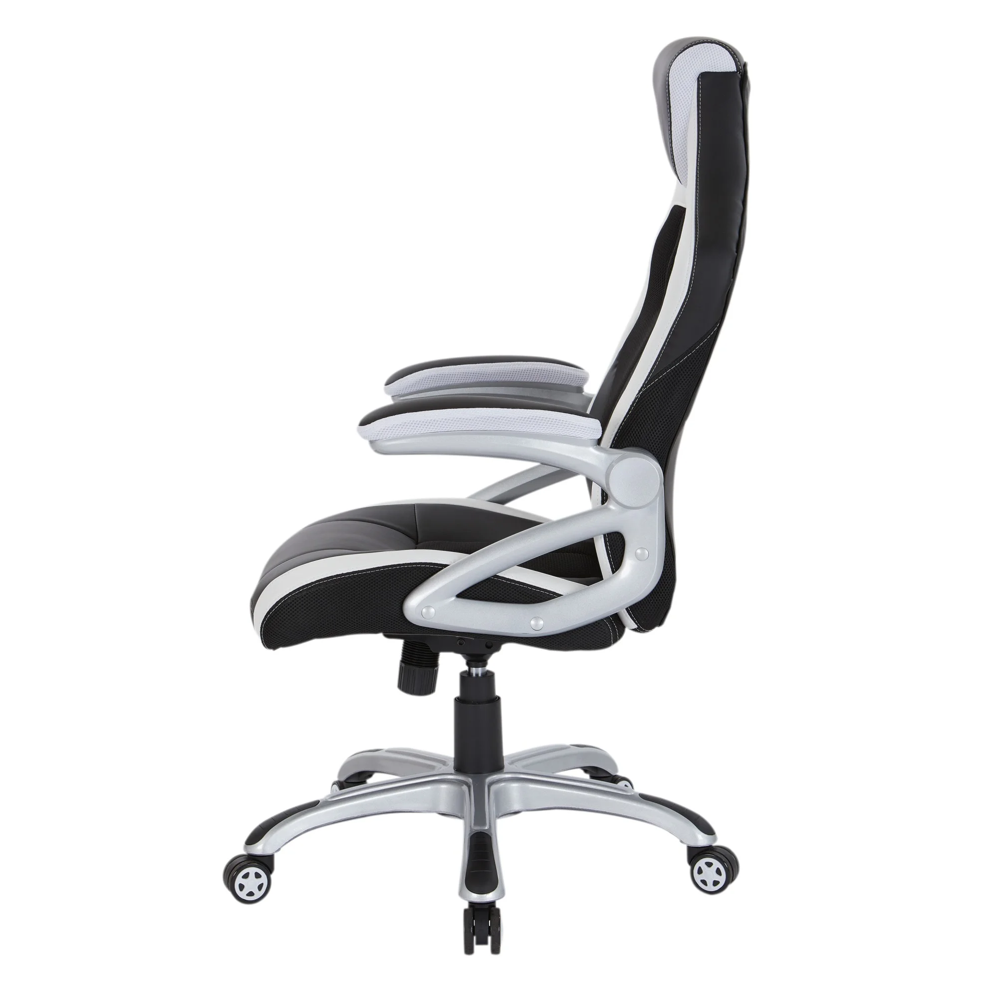 OSP Home Furnishings Race Chair in Black with White Trim, White Stitching, and Silver Base