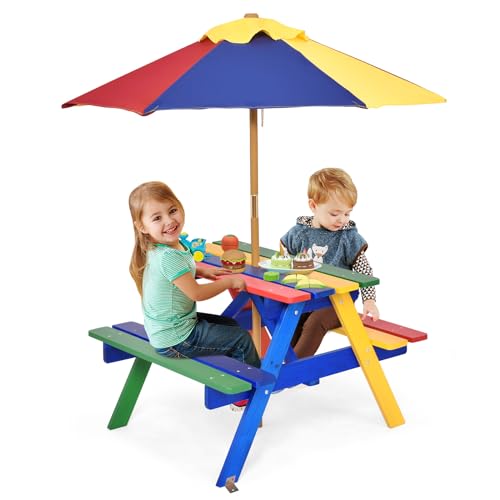 Costzon Kids Picnic Table, Fir Wood Kids Outdoor Table and Chairs with Removable Umbrella, Toddler Picnic Table for Patio, Backyard, Garden (Natural)
