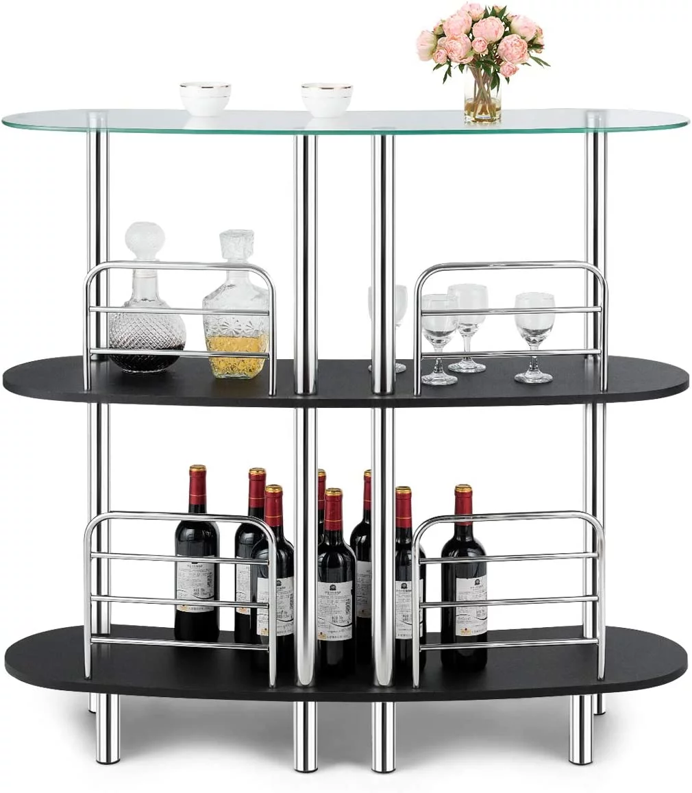 YOJFOTOOU. 3-Tier Glass Liquor Bar Cabinets, Wine Bar Storage with Tempered Glass Counter Top and Metal Frame, Bar Unit with 2 Shelves, Bar Organize Ideal for Living Room/Home/Kitchen/Bar/Pub