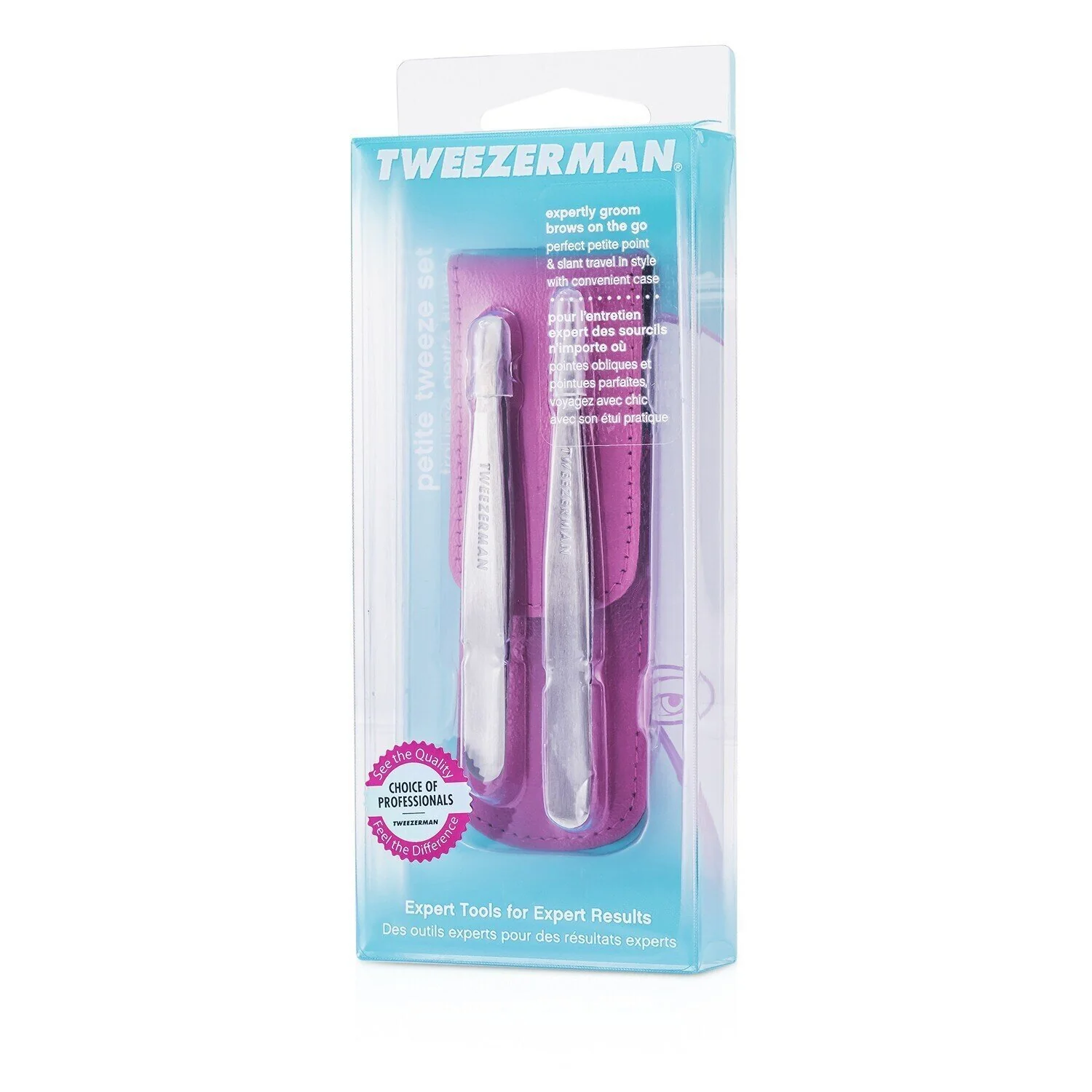 Tweezerman Petite Tweeze Set: Slant Tweezer + Point Tweezer - (Regency Finish w/ Silver Leather Case)  2pcs