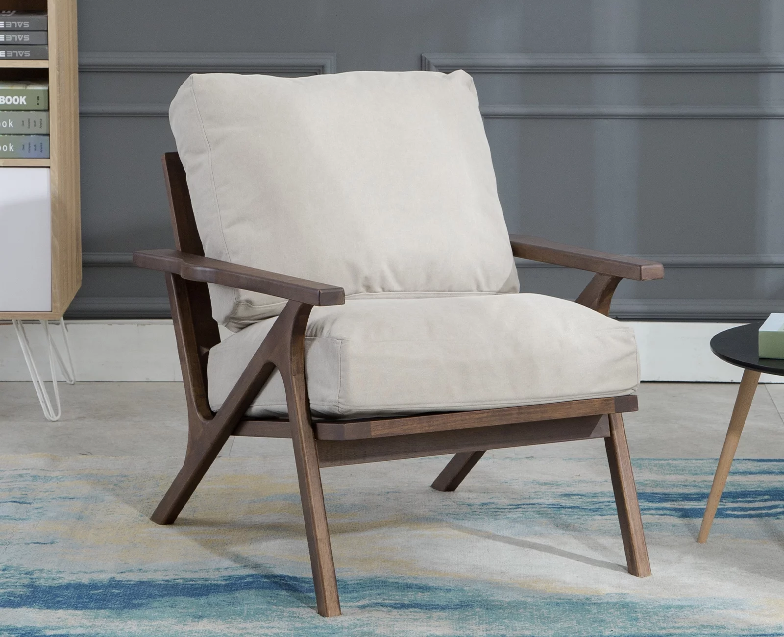 Guyou Modern Accent Chair, Mid Century Upholstered Lounge Arm Chair with Wooden Frame and Removable Denim Cushion Single Sofa Chair for Living Room Bedroom Study, Beige