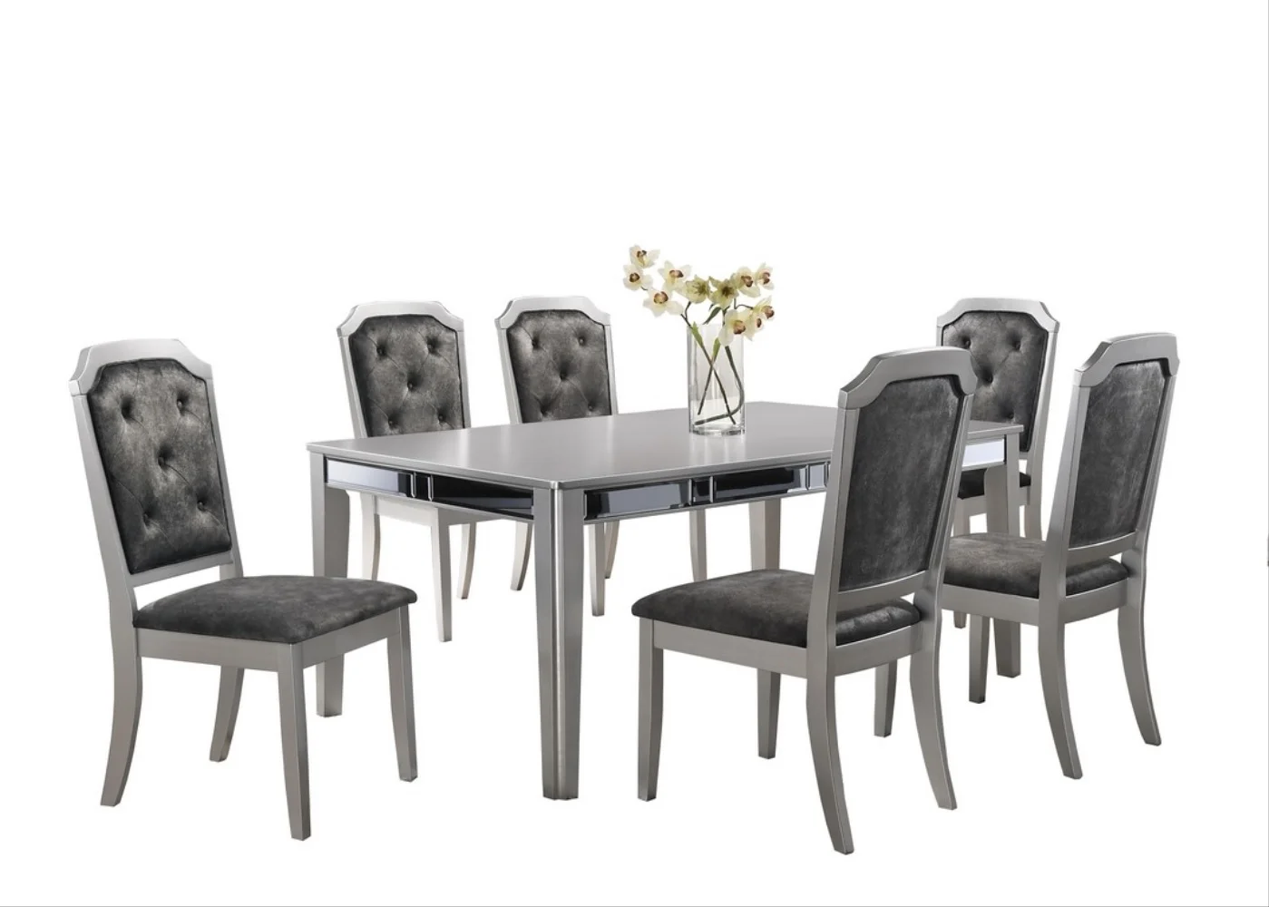 GTU Furniture Set for 6 Mirror Trim Rectangular Dining Table with Luxurious Button Chair in Grey/Silver