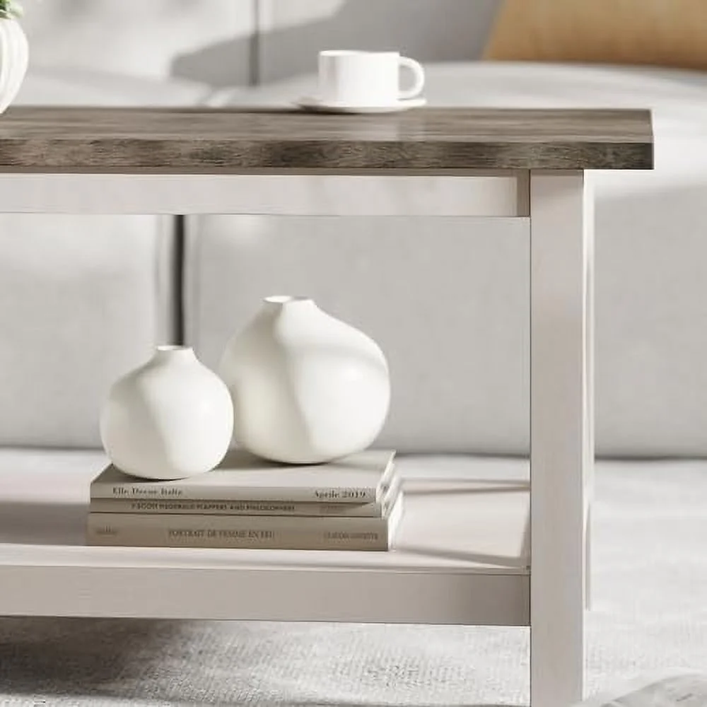 KHBIULIFE Farmhouse Style Solid Wood Coffee Table with Traditional X-Frame Design and Lower  in Acacia Gray and Rustic White