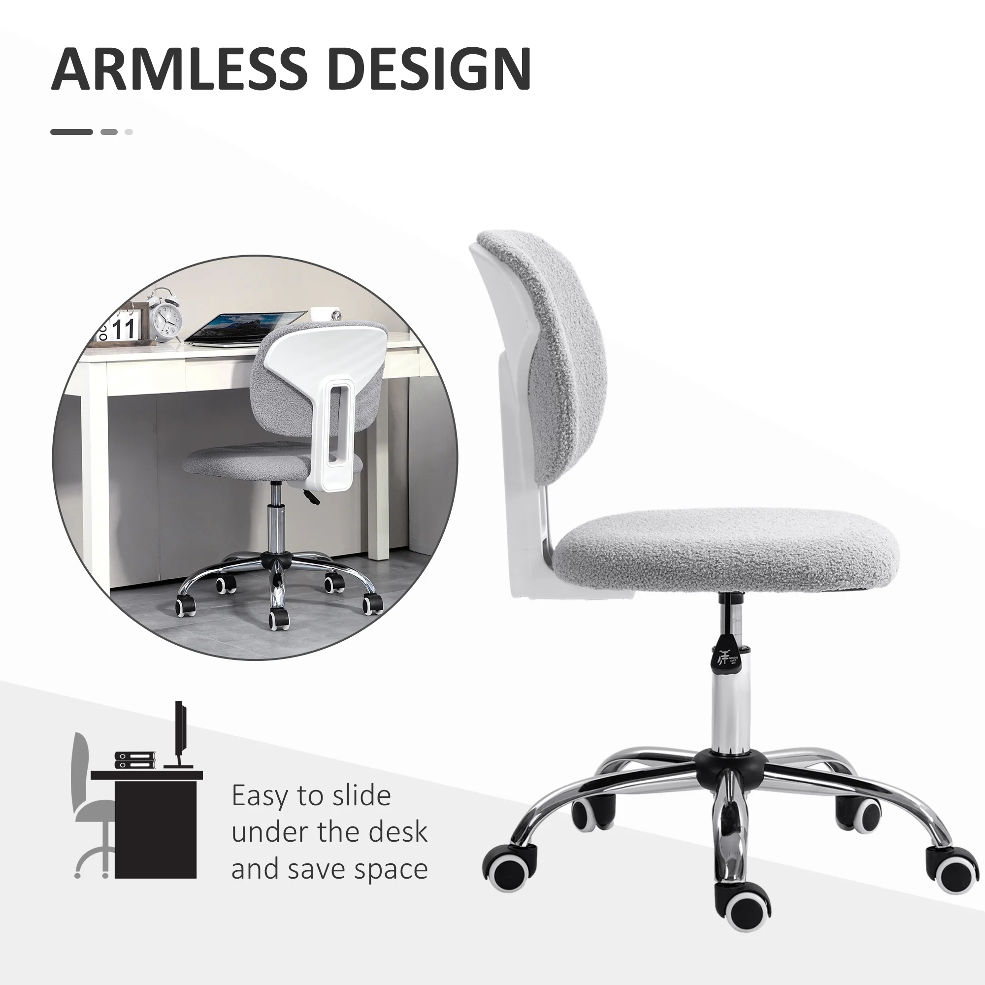 CoSoTower Cute Armless Office Chair, Teddy Fleece Fabric Computer Desk Chair, Vanity Task Chair with Adjustable Height, Swivel Wheels, Mid Back, Light Gray