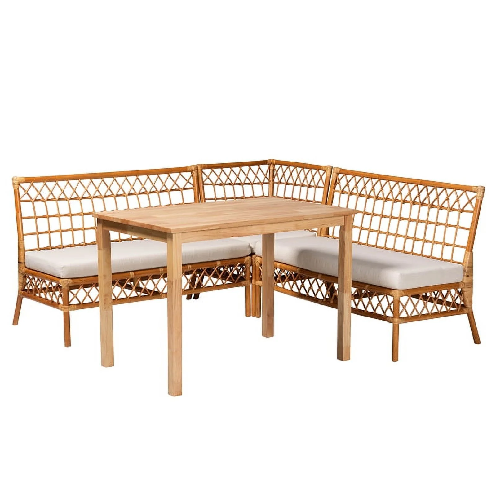 Pemberly Row Modern Bohemian Honey Rattan 4-Piece Dining Nook Set
