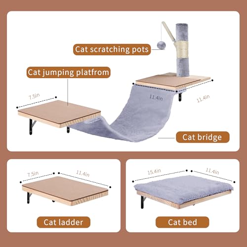 Wall Mounted Cat Climber Set, Cat Wall Shelves,Cat Wall Furniture Set,with Hammock,Jumping Boards,Sofa,Steps,Scratching Post,Hanging Ball and Felt Pads, Suit for Cats Climb, Jump,Scratch-Beige