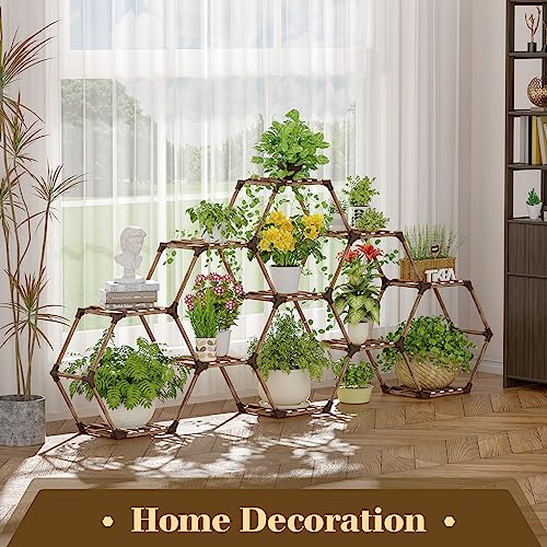 Tikea Plant Stand Indoor Hexagonal Plant Stand for Multiple Plants Indoor Outdoor Large Wooden Plant Shelf Creative DIY 6 Tiered Flowers Stand Rack for Living Room Balcony Patio Window