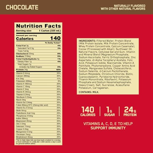 Optimum Nutrition Gold Standard Protein Shake, 24g Protein, Ready to Drink Protein Drinks, Chocolate, 11 Fl Oz, 12 Count (Pack of 1) (Packaging May Vary)