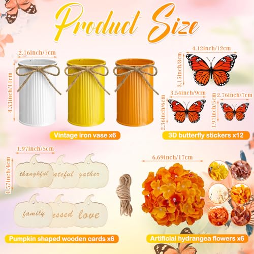 Mimorou 12 Set Vintage Autumn Flowers Table Centerpiece with Metal Pots Faux Fall Table Centerpiece with Pumpkins Slices and 3D Butterfly for Thanksgiving Farmhouse Home Decor (Retro Colors)