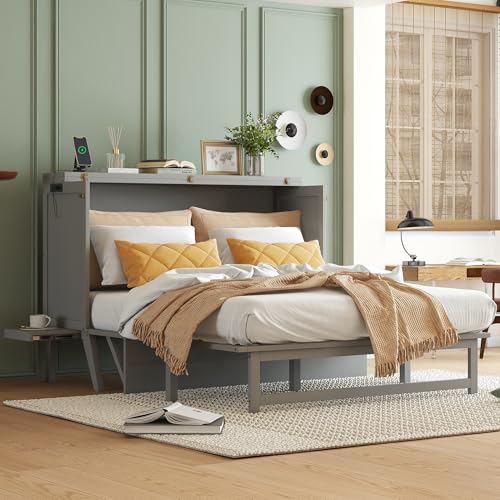 KEIKI Queen Size Cabinet Murphy Bed with Charging Station, Drawers, Removable Shelves, Multiple Storage Foldable Hideaway Wall Murphy Bed Frame, No Box Spring Needed, Easy Assembly, for Bedroom, Grey