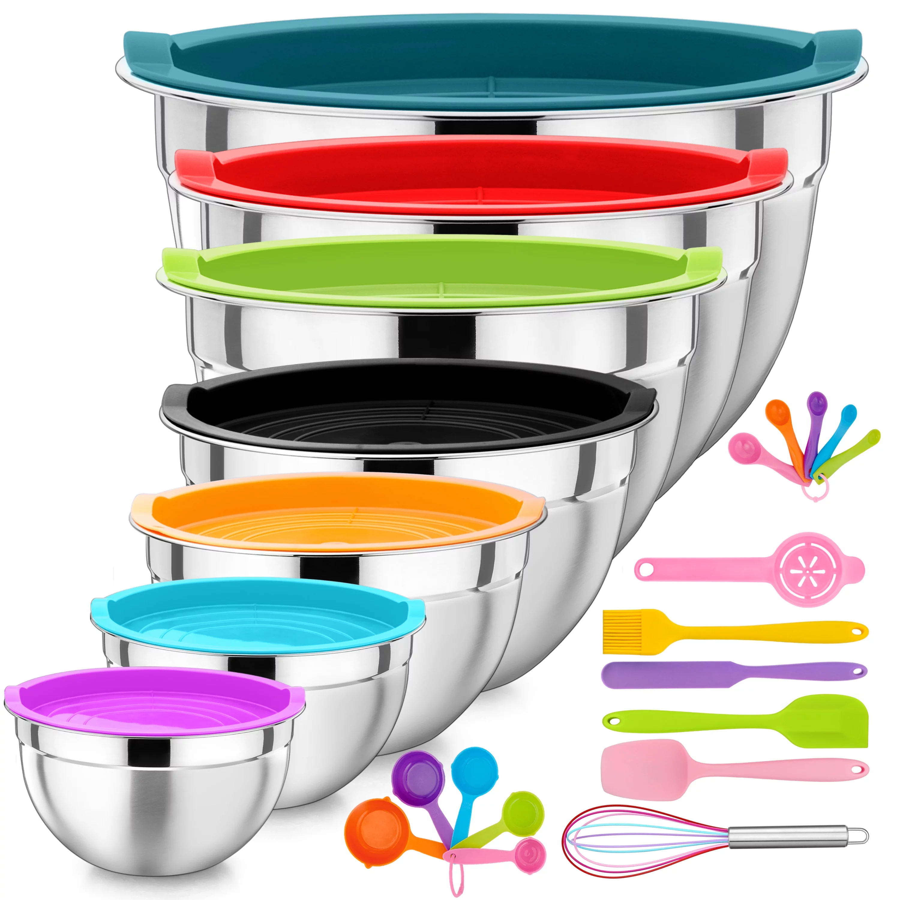Walchoice Stainless Steel Mixing Bowls with Lids Set of 7, Metal Bowls with Airtight Lids & 16 Pieces Kitchen Accessories for Cooking Baking Serving - 7/4.6/2.6/2/1.5/1/0.7 QT, Colorful