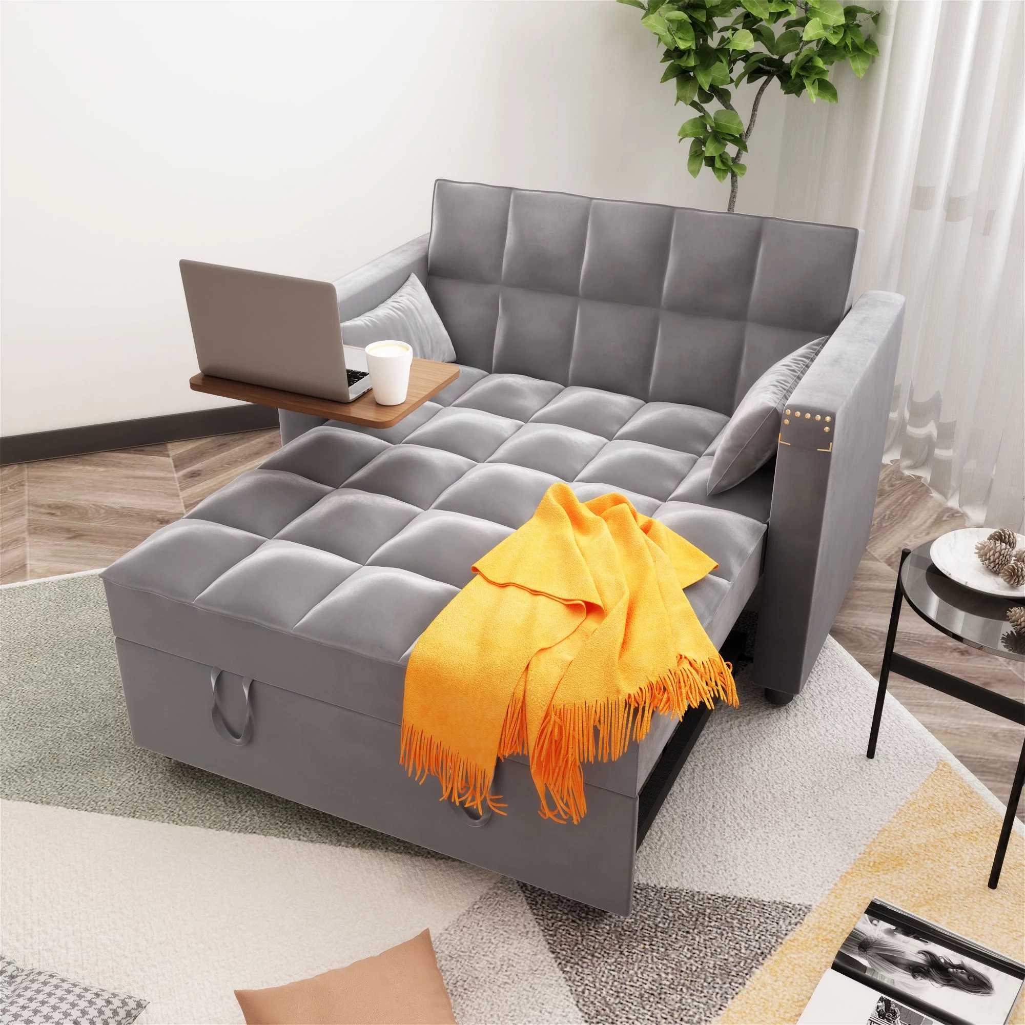 Yocwo Convertible Velvet Sleeper Sofa Bed, Modern Sleeper Sofa with Pull Out Bed and Side Coffee Table,Lounge Chaise Armchair with 2 Pillows for Home Office,Grey