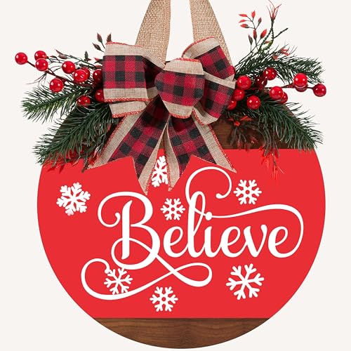 Christmas Door Sign for Front Door, 12 Inch Merry Christmas Welcome Hanging Wreath Decor with Bow, Rustic Farmhouse Holiday Hanger for Porch, Wall, Indoor Outdoor (Christmas Door Sign-D)