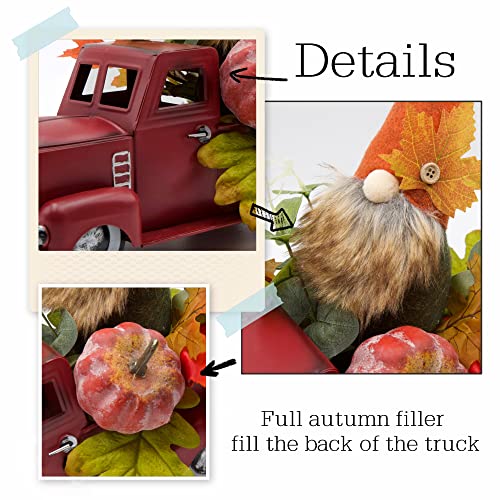 Vintage Turquoise Metal Truck with Gnomes Pumpkin Maple Leaf Farmhouse Table Top Fall Decor, Autumn Themed Thanksgiving Old Pickup Truck Decorations for Home Table Shelf, 12 inch