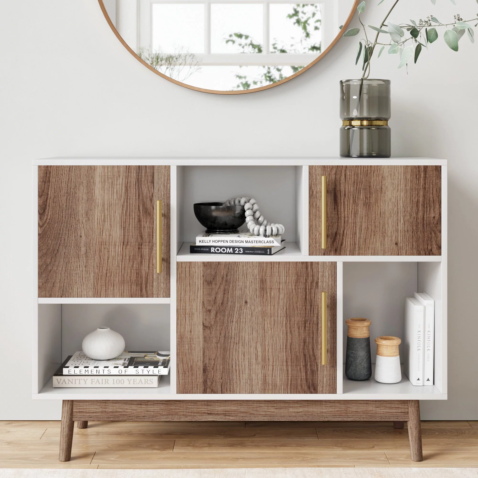 Nathan James Ellipse White Cube Storage with Display Shelves and Brown Cabinet Doors