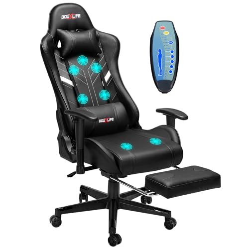 7-Point Massage Gaming Chair, 175° Gaming Recliner with Footrest Ergonomic Computer Office Chair High Back Video Game Chair with Lumbar Support, Upgraded Version, Black