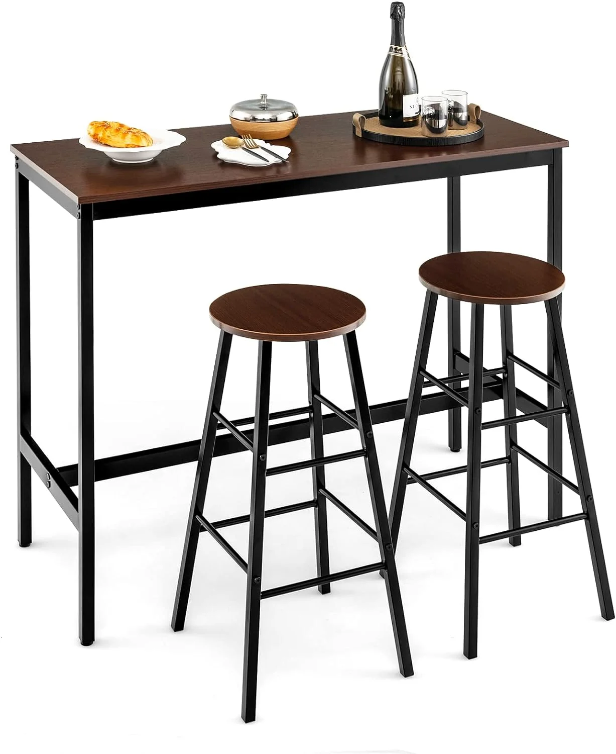 TJUNBOLIFE 3-Piece  Table Set - 36" H Counter Height Table w/ 2 Round Stools  Space Saving Design  Kitchen Breakfast Dining Table Set for Living Room  Dining Room  Pub  Bistro (Black