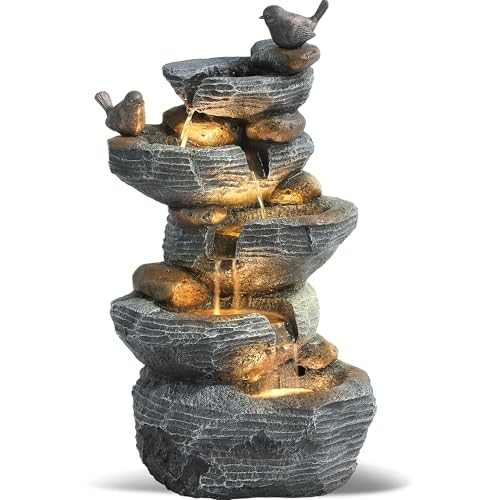 Grepatio Outdoor 5-Tiers Cascading Rock Water Fountain, Waterfall Fountain with 4 LED Lights, Outdoor Fountains and Waterfalls for Garden or Patio, Yard, and Deck Decor with Natural Stone Look