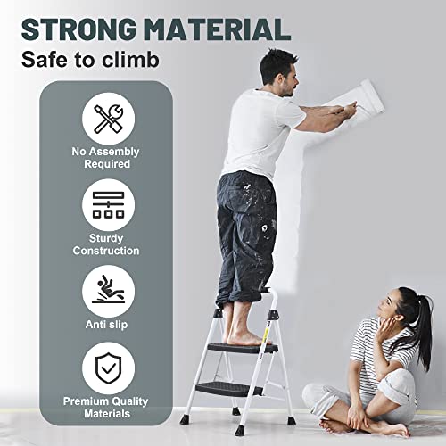 SocTone 3 Step Ladder, Folding Step Stool for Adults with Handle, Lightweight, Perfect for Kitchen& Household, 500lbs Capacity Sturdy Steel Ladder White