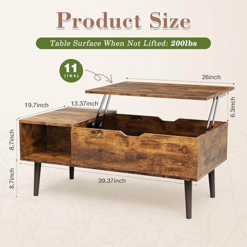 OLIXIS Wood Lift Top Coffee Table with Hidden Compartment and Large Storage Shelf, Lift Tabletop Dining Center Table for Home Living Room Office, Black