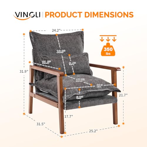 VINGLI Mid-Century Modern Cloud Accent Armchair with Lumbar Pillow, 6.3'' Thick Seat Cushion Comfortable Lounge Chair with Wooden Armrests for Bedroom, Living Room, Reading Room,Gray-Blue
