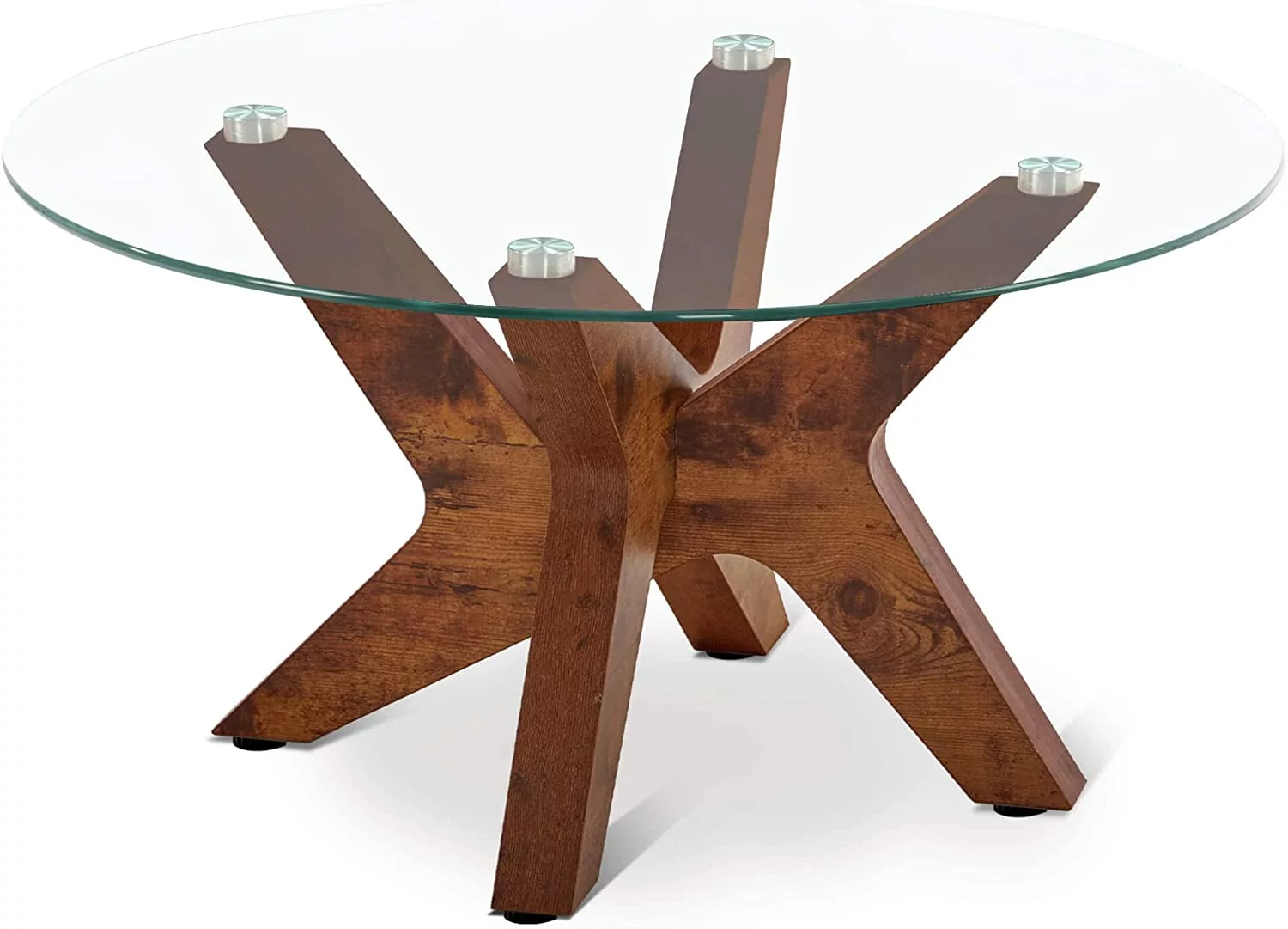 Round Glass Coffee Table for Living Room  31.5 in Mid Century Modern Accent Tea Table  Farmhouse Coffee Table with Natural Wood Frame and Tempered Glass Top (Rustic Brown  Clear)