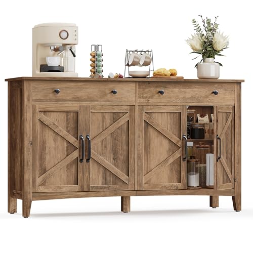 VASAGLE LIRY Collection - Buffet Cabinet, Coffee Bar Cabinet with 2 Drawers, Adjustable Shelves, Sideboard Storage with Cable Holes, Drawer Dividers, Rustic White and Honey Brown UBBK381W01