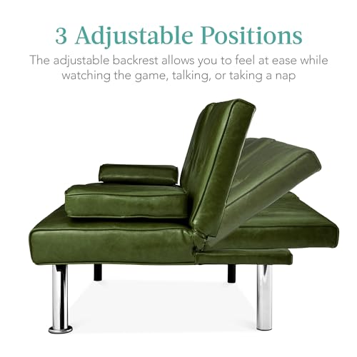 Best Choice Products Faux Leather Upholstered Modern Convertible Futon, Adjustable Folding Sofa Bed, Guest Bed w/Removable Armrests - Blue