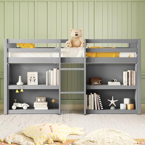 Twin Over Twin Bunk Bed with Trundle, Solid Wood Bunk Bed Frame with Storage Stairway for Kids, Girls, Full Length Guardrail, Gray