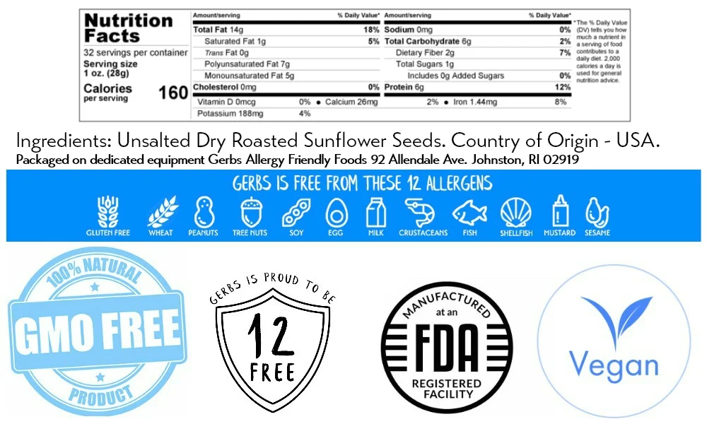 Unsalted Roasted Sunflower Seed Kernels by Gerbs - 2 LBS. - Top 14 Food Allergen Free & NON GMO - Vegan & Kosher