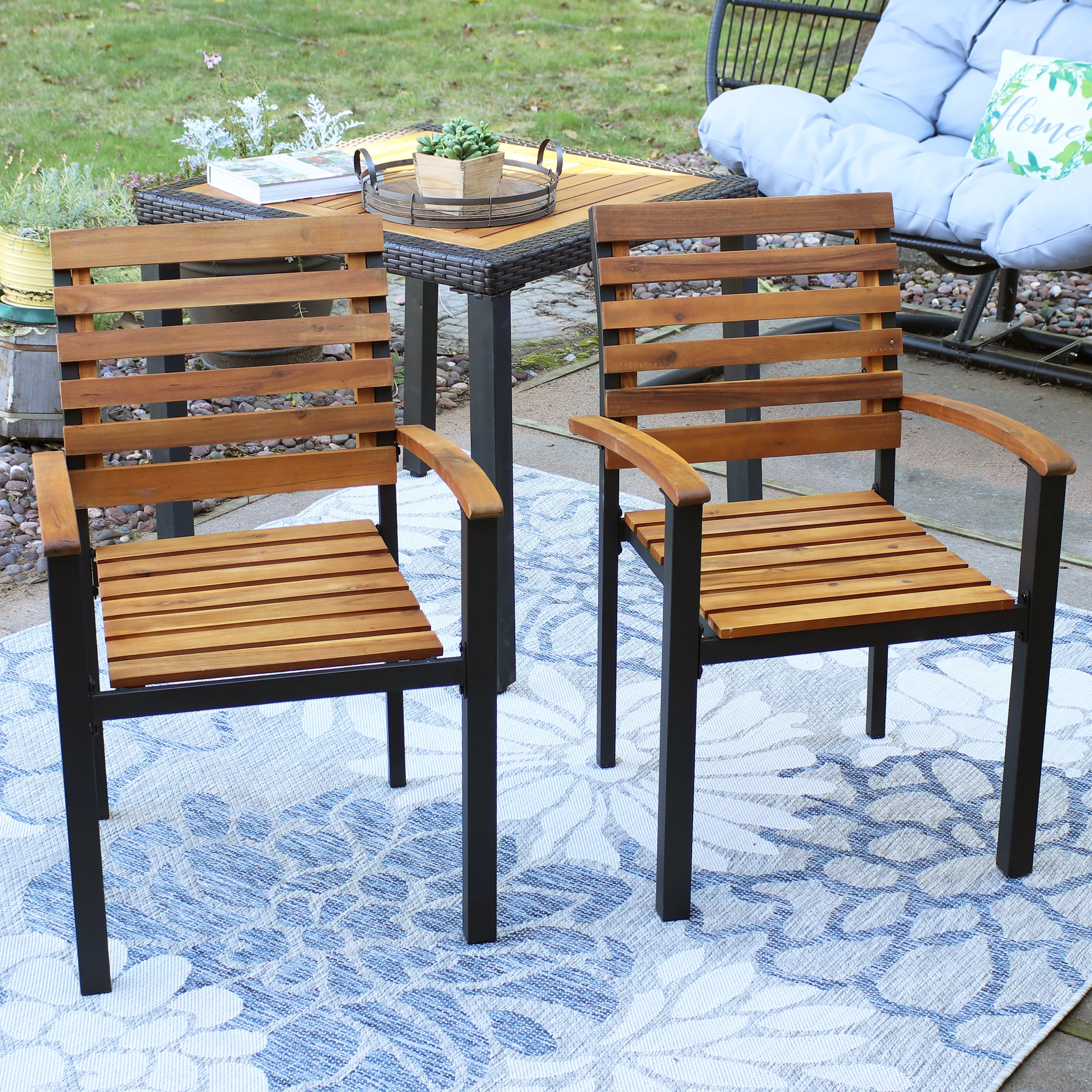 Sunnydaze Julian Set of 2 Acacia Wood and Steel Outdoor Patio Armchairs