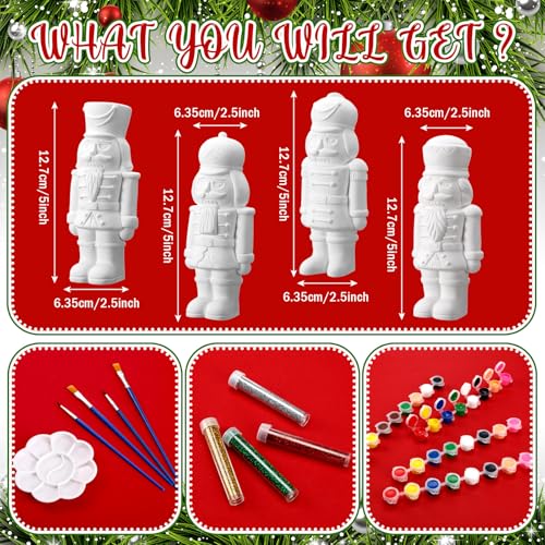 Poen Set of 4 Ceramic Christmas Nutcrackers Figurines Paint Craft Kit Unpainted Ceramics Plaster Nutcracker Keepsake for Holiday Party Decorations Paint and Brushes Included