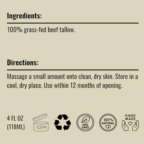 Pure Whipped Tallow Balm (Unscented) | 1 Ingredient | Handmade in USA | 100% Organic Grass-Fed Beef Tallow for Skin | Face Moisturizer for Dry Skin, Fragrance-Free, No Essential Oils