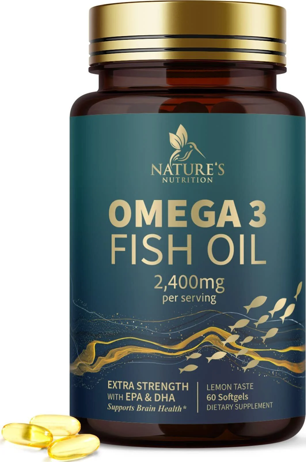 Omega 3 Fish Oil Capsules 3x Strength 2400mg EPA & DHA, Highest Potency - 60 Softgels