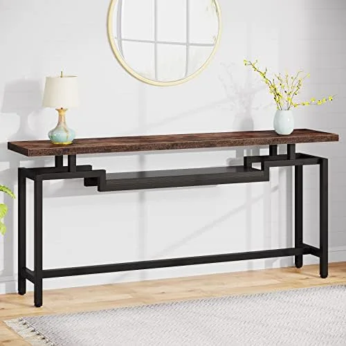 KHBIULIFE 70 inch Sofa Table  Narrow Long Console Table with 2 Tiers  Industiral TV Console Behind Couch Table with  for Entryway  Living Room  Brown & Black