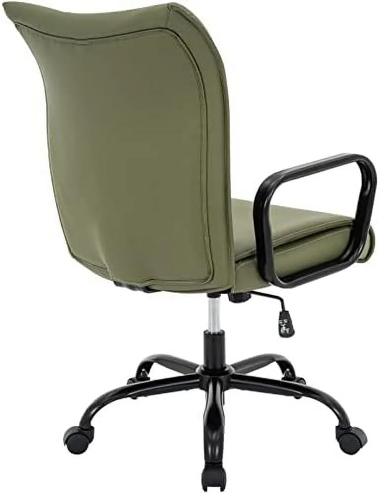 Office Chair  Modern Upholstered Mid-Back PU Leather Task Desk Chair with Arms  Adjustable Rocking Swivel Computer Chair with Wheels (Olive Green  Black Base)