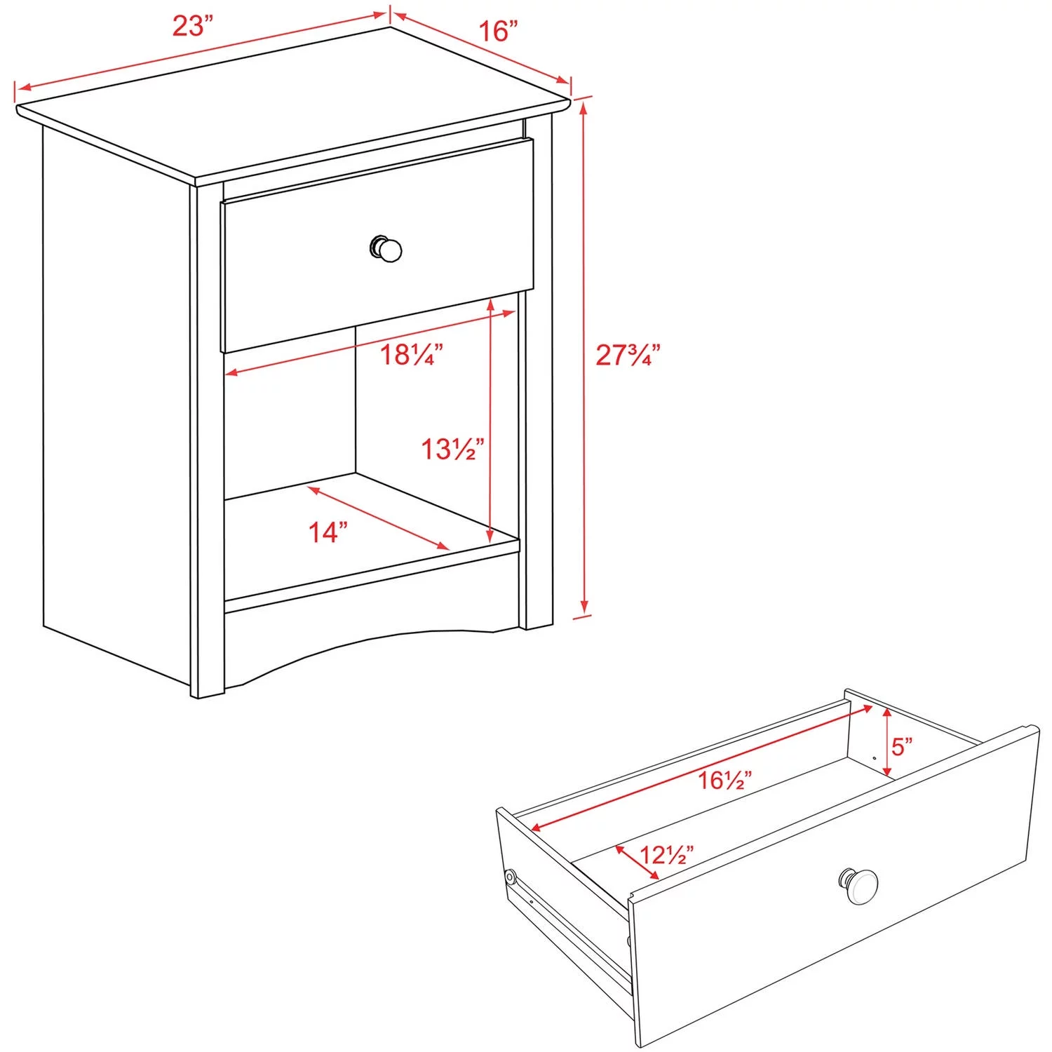 Prepac Sonoma Traditional Tall Bedroom Nightstand with Open Shelf, 1-Drawer, Black