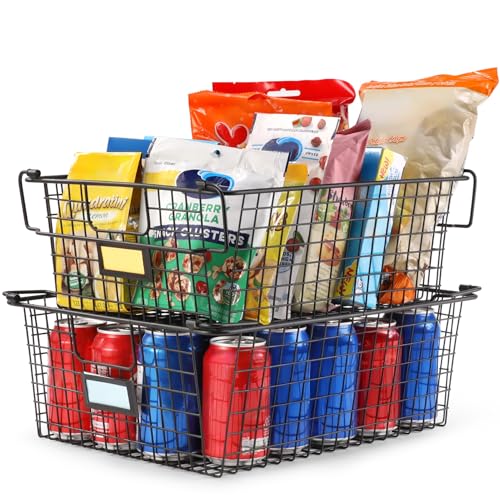 4 Pack [ XXXL Large ] STACKABLE Wire Baskets for Organizing - Pantry Storage and Organization Metal Bins for Produce, Food, Fruit - Kitchen Bathroom Closet Cabinet, Countertop, Under Sink Organizer