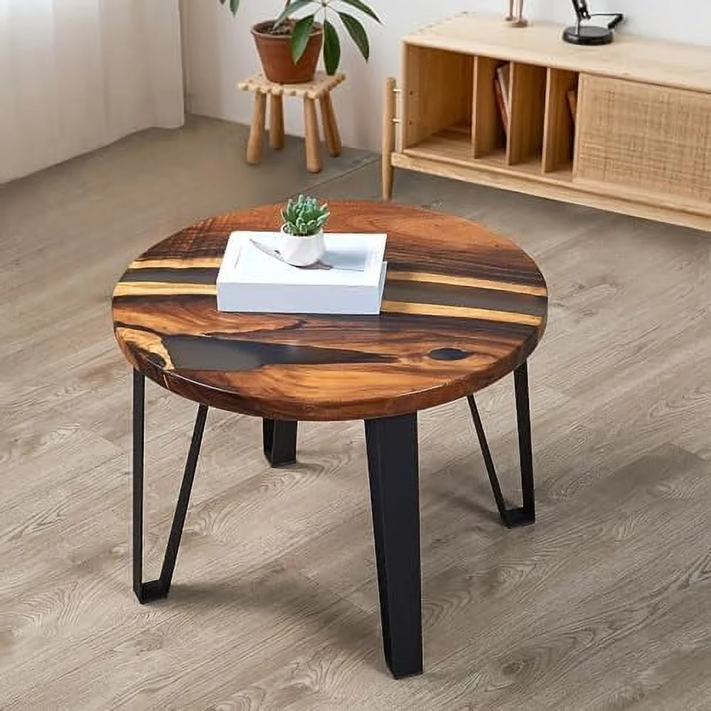 NLIBOOMLife Wood Resin Round  15.5"x15.5"x20"H Rustic Black Epoxy Wooden Slab Tables Outdoor Natural Solid Handmade End Table for Living Room Patio Bedroom Nightstand Farmhous