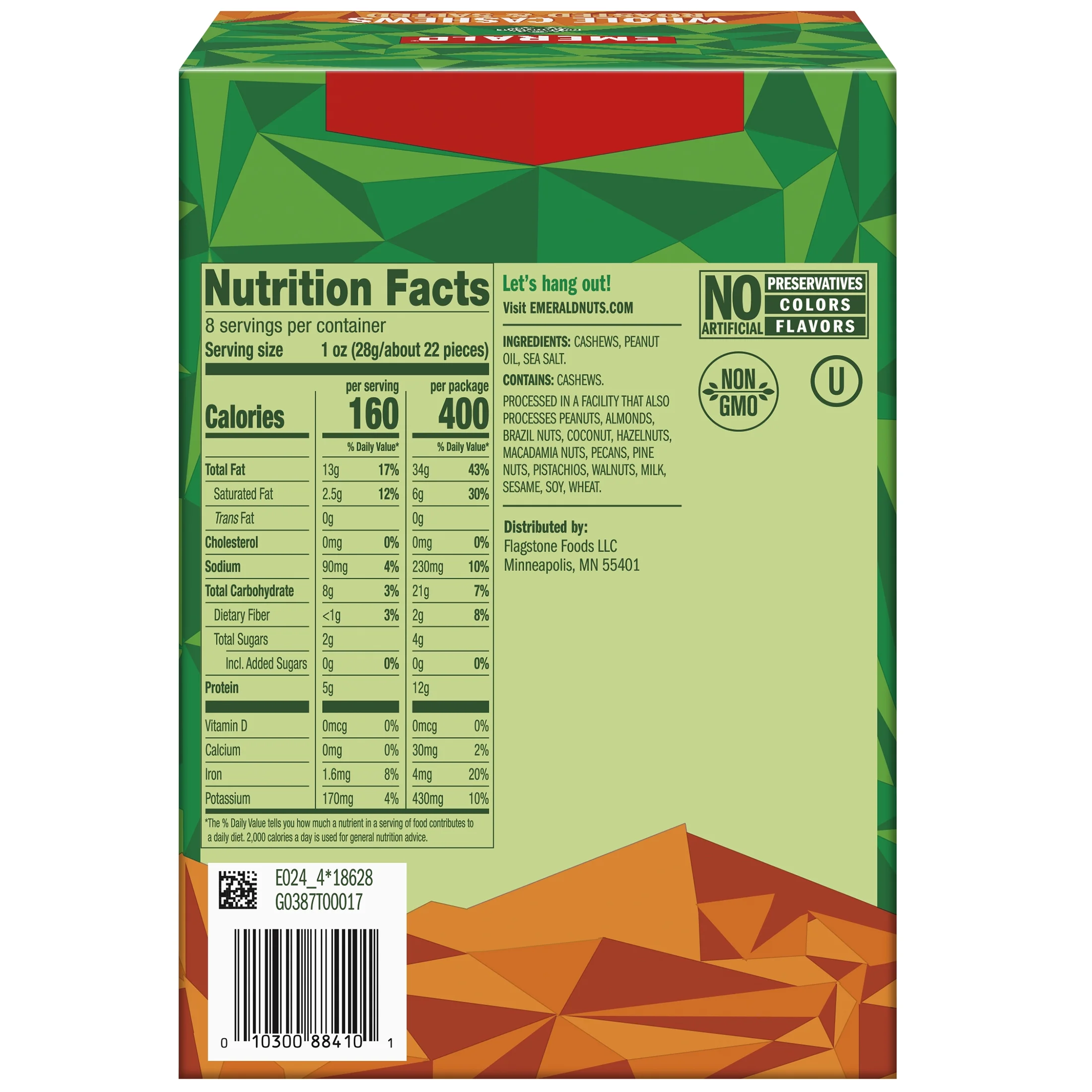 Emerald Nuts, Whole Cashews Roasted & Salted, 8 CT Box, 20 oz (Pack of 6)