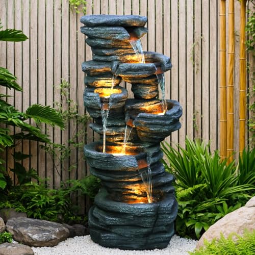 6-Tier Cascading Rock Water Fountain Outdoor Garden Waterfall Decor for Garden, Patio, Backyard, Deck, Porch and Home Art Decor,24.4