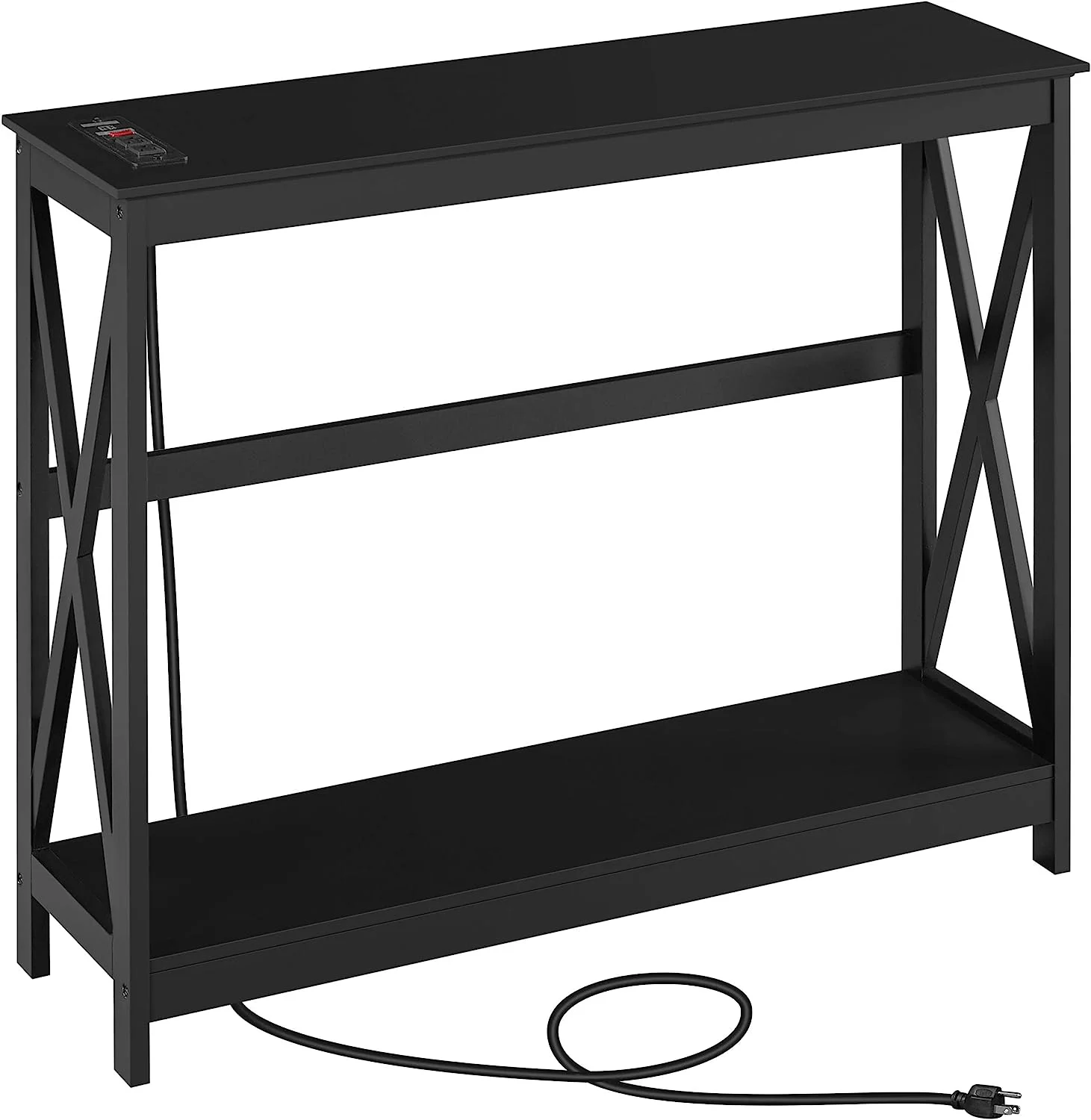 Console Table with Outlets and USB Ports, Entryway Table with Storage Shelves, Sofa Table Narrow Long with X Design for Living Room, Hallway, Foyer, Black