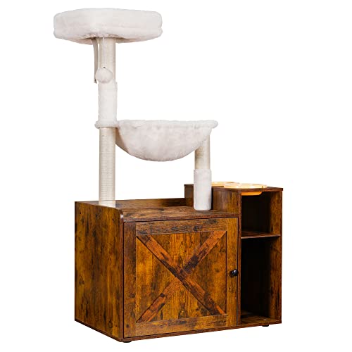 Hey-brother Cat Tree with XL Litter Box Enclosure, All-in-one Cat Tower for Indoor Cats with Large Hammock, Bed, Food Station, Scratching Posts, Modern Style Pet Furniture, Rustic Gray MPJ101SG