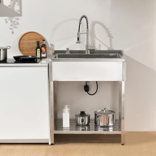 Stainless Steel Utility Sink Free Standing, Large Freestanding Laundry Sink with Faucet 16 Gauge Stainless Outdoor Single Bowl Commercial Sinks for Restaurant Garage (30.7