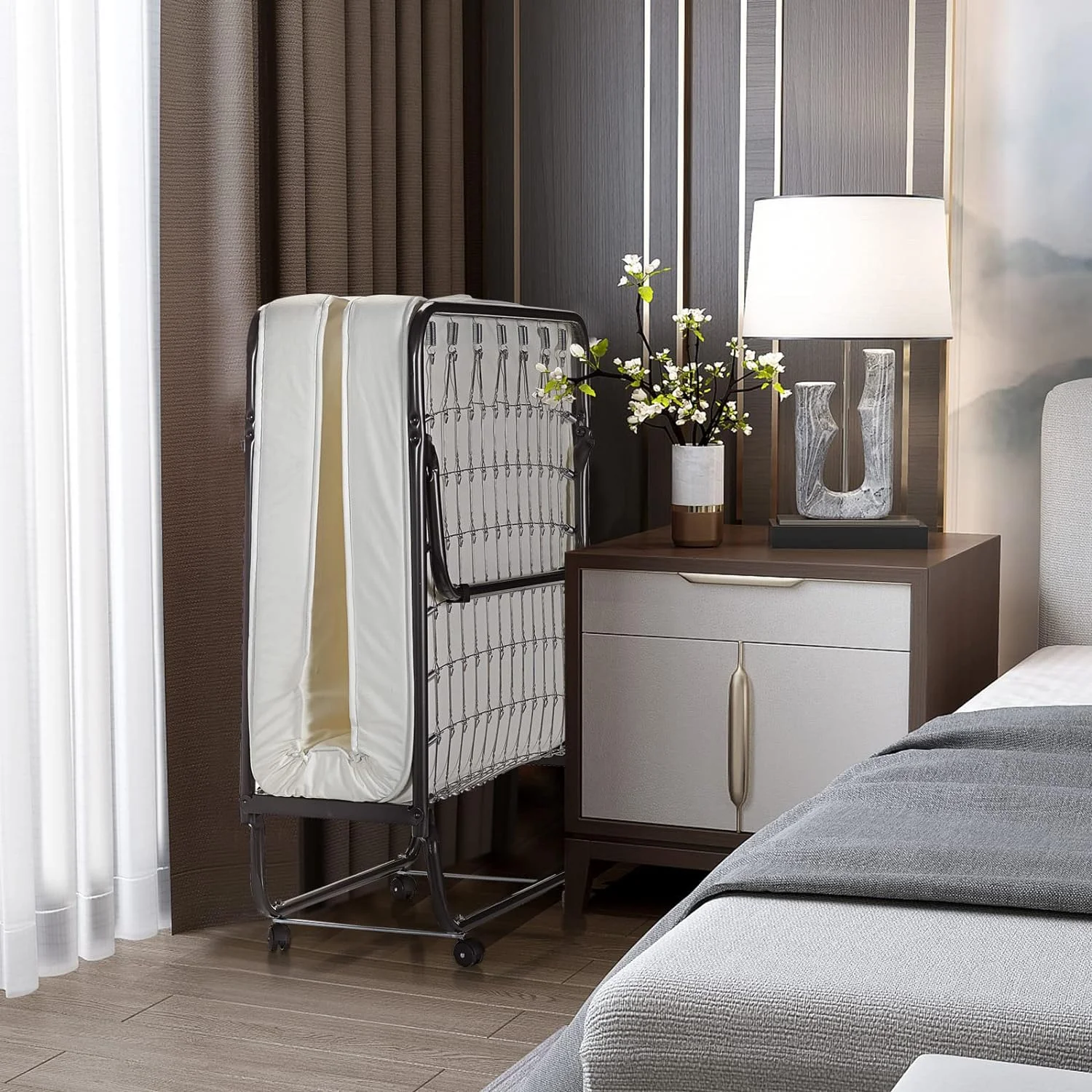 Folding Bed With Mattress Memory Foam, Foldable Bed W/Sturdy U-Shaped Metal Bed Frame, 4 Universal Wheels, Portable Guest Bed, Easy Storage, Cot-Size Rollaway Single Bed, Made In Italy